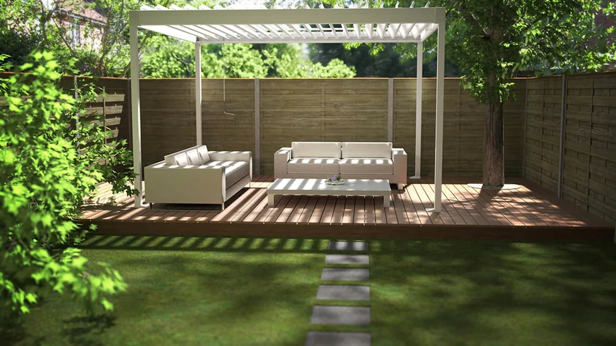 Volně stojící pergola se zahradním posezením.